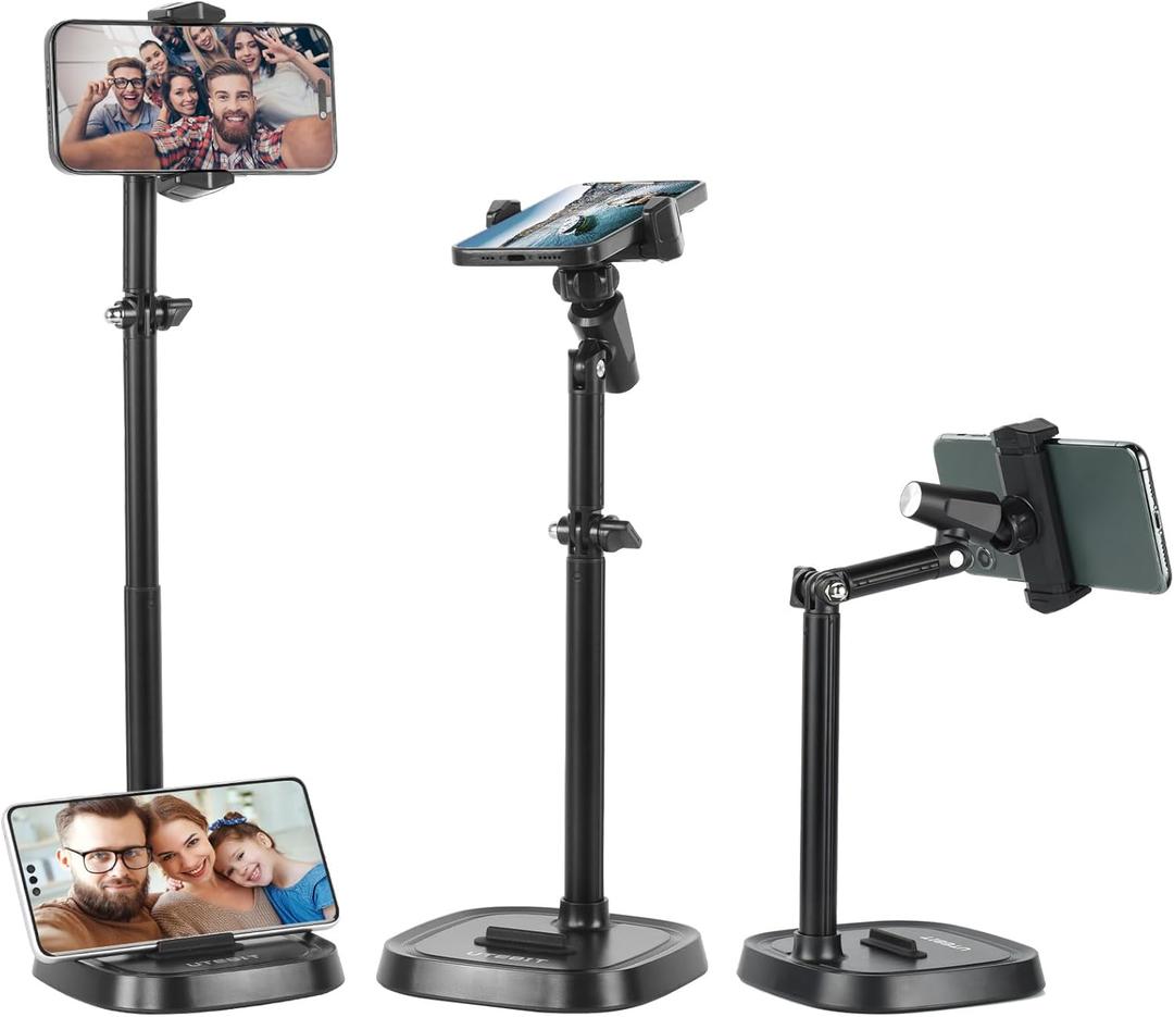 UTEBIT Cell Phone Stand, 6-15" Height Adjustable Rotating Cell Phone Holder for Desk, Retractable Cell Phone Stand,Tablet Stand Holder for 4.7"-15.6" Screen iPhone Samsung, iPad, Kindle, eBook Reader (Black)
