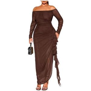 Floerns Women's Plus Size Off Shoulder Dress Mesh Long Sleeve Ruffle Trim Bodycon Maxi Dresses 4XL