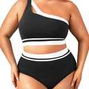 Aqua Eve Women Plus Size High Waisted Bikini One Shoulder Two Piece Swimsuit Color Block Bathing Suits  Size L