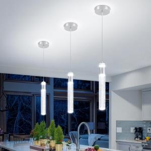 Modern LED Chrome Crystal Pendant Light Kitchen Island, Bedroom Bedside Hanging Ceiling Lamp with Crystal Bubble Column, Dimmable 3000k-6000k 1-Light Independent (Silver)