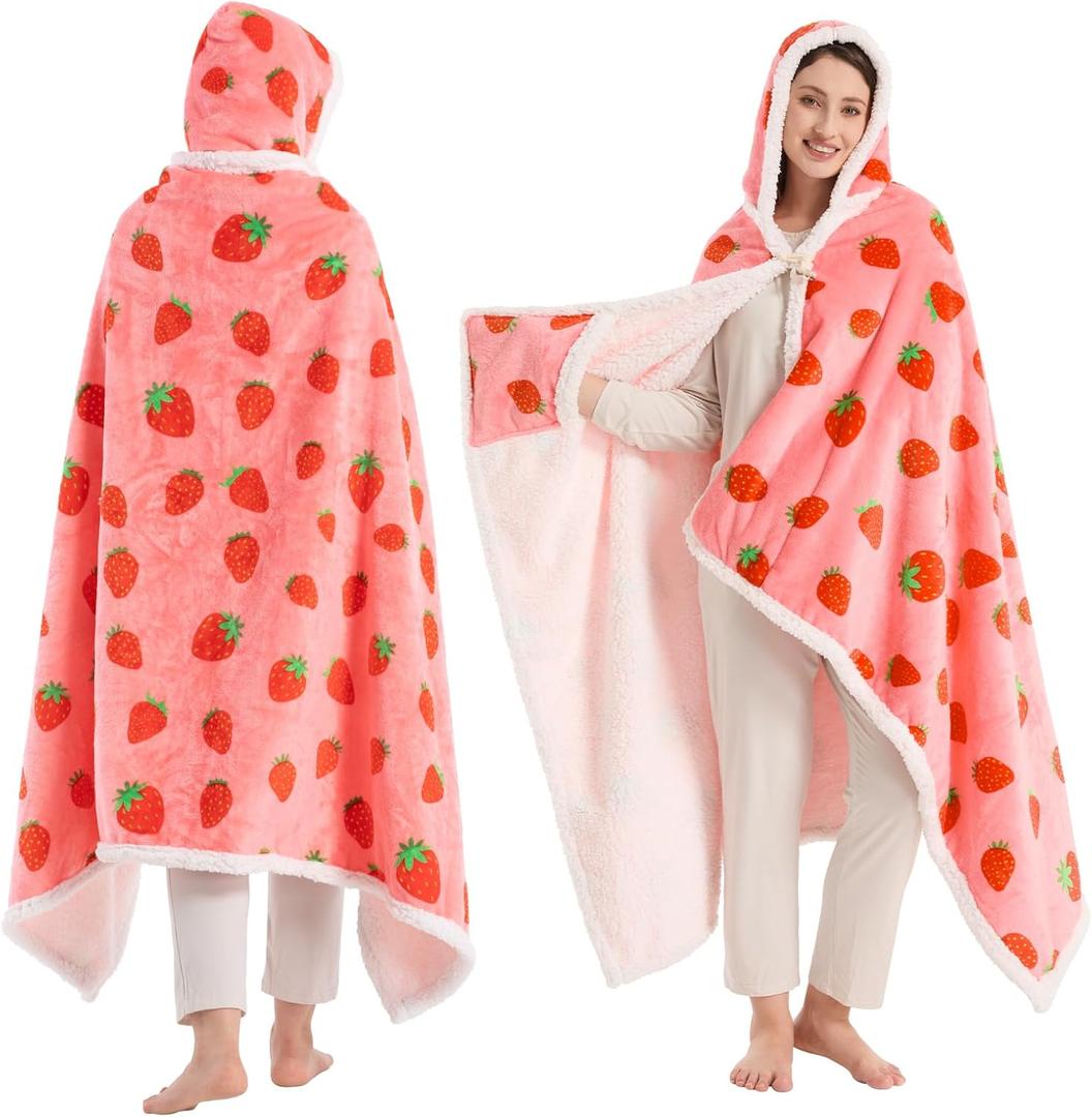 Strawberry Wearable Blanket Hoodie, Valentines Day Gifts for Her Wife Women, Mothers Day Birthday Anniversary Day Gift for Mom Sister, Flannel & Sherpa Throw Blanket for Women Shawl Wraps Poncho Robe