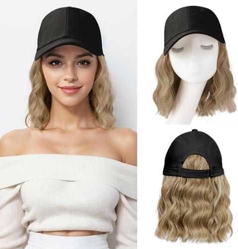 FORCUTEU Hat Wigs for Women Baseball Cap with Hair Extensions Short Wave Synthetic baseball Cap Wig for Women Adjustable Hat with Hair Attached for Daily Use(14inch)