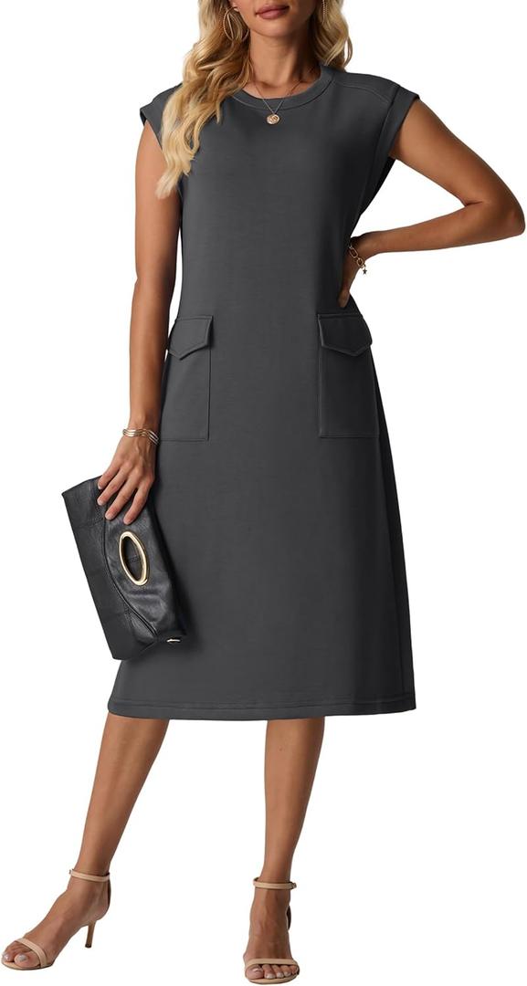 Lepunuo Womens Summer Dresses Crewneck Maxi Skirts Casual Midi Dress with Pockets Beach Vacation Outfits (Black, S)