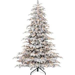 Puleo International 7.5ft Pre-Lit Flocked Aspen Fir Christmas Tree with 700 Clear Lights, 1319 Realistic Dense Snow Flocked Branch Tips, Easy Setup Artificial Trees with Sturdy Metal Stand