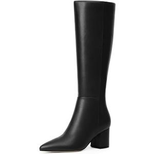 Knee High Boots for Women Chunky Heel Pointed Toe Boots Side Zipper Long Boots (9.5, Black)