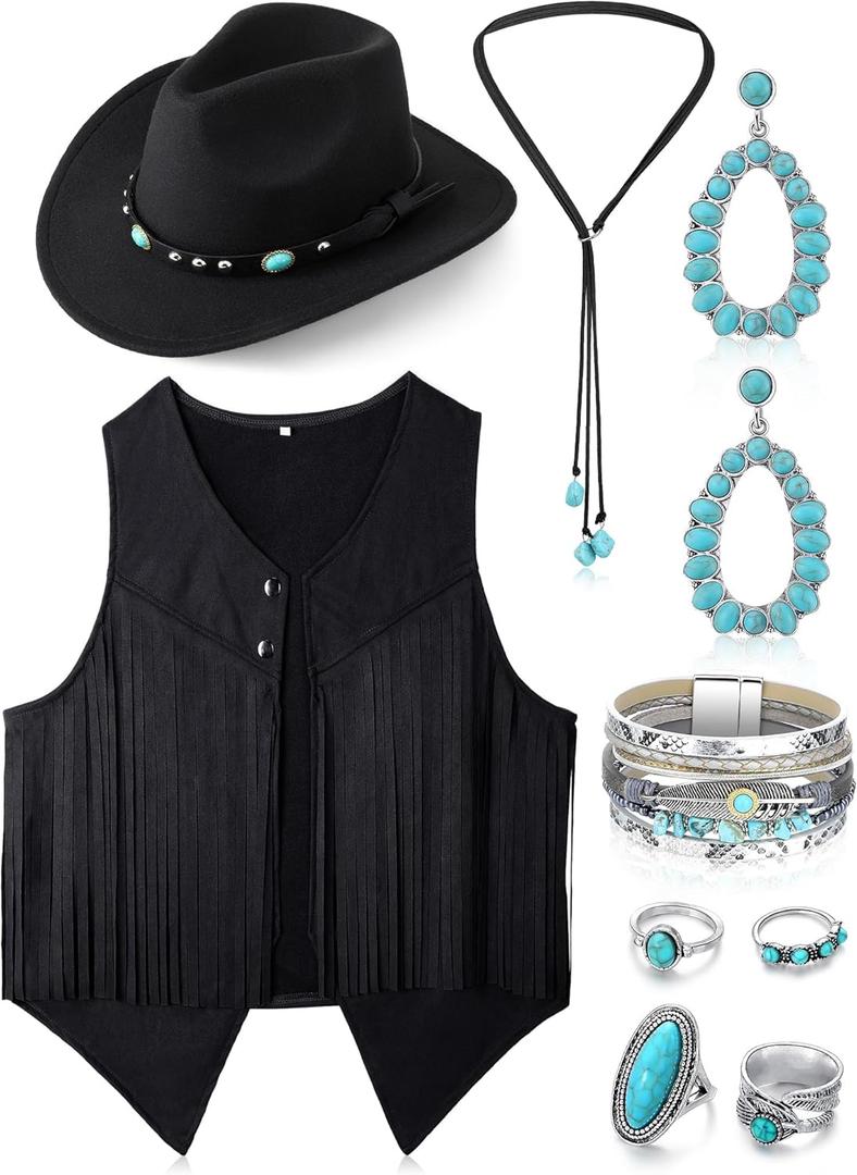 Suhine 9 Pack Western Outfits for Women Cowgirl Vest Boho Cowboy Hat Jewelry Kit for Halloween Cosplay (Size X-Large, Black)