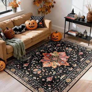 RELEANY Area Rugs 4'x6' Washable Non-Slip, Floral Vintage Distress Print Pattern Medallion Carpet for Living Room Bedroom Dining Room, Black Colorful Floral Dark Tan