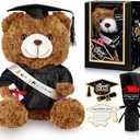 Vertintong Graduation Bear Gifts Set Include Stuffed Animal Bear with Gown Cap Tassel Class of 2025 Grad Card Soap Artificial Flower Box with Window Graduation Gift for Him Her(Black)