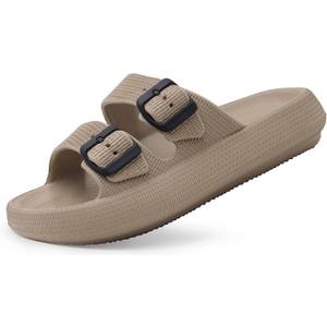 Weweya Sandals for Women and Men - Pillow Slippers - Double Buckle Adjustable Slides - EVA Flat Sandals (9.5-10.5 Women/8.5-9.5 Men, Khaki)
