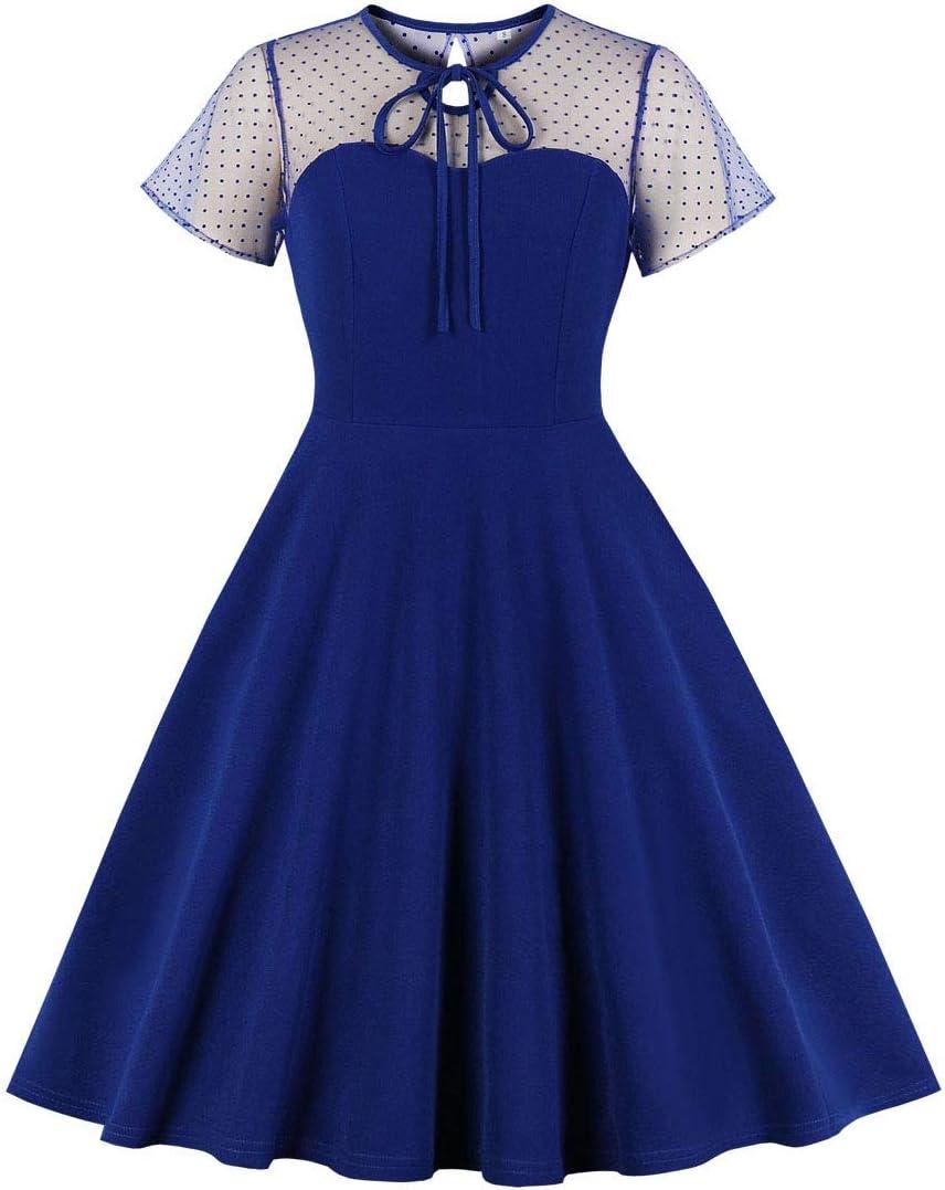 Women's Vintage Illusion Polka Dot Embroidery Keyhole Tie 1950s A-line Cocktail Dress 50s 60s Retro Summer Evening Party Wedding Formal Prom Dance Swing Dresses Royal Blue XXXX-Large