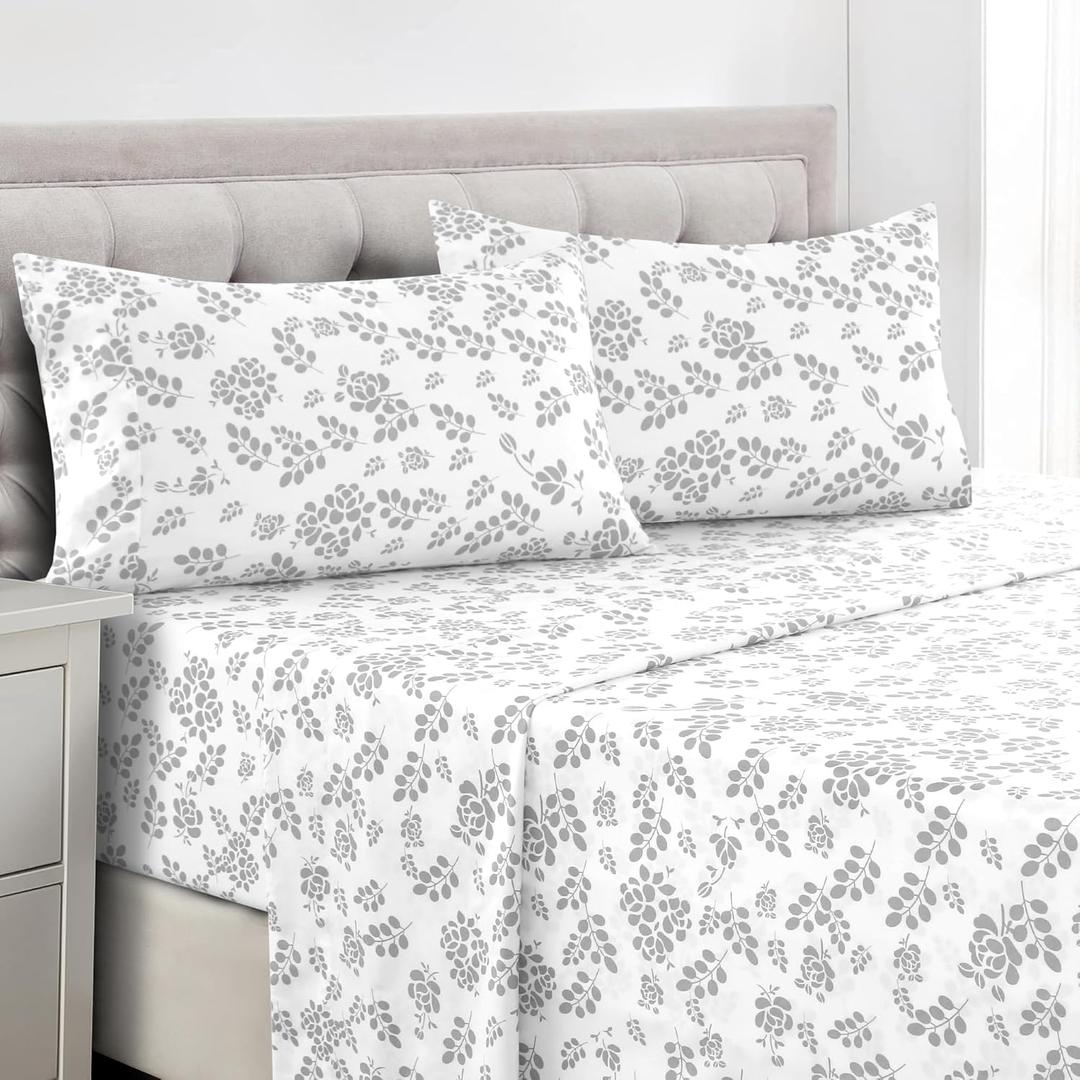LUX Dcor Floral Queen Sheet Set, 4 PC Soft Microfiber Wrinkle Free Sheets - Luxurious Printed Bed Sheets Includes Flat Sheet, Fitted Sheet with Deep Pockets, & 2 Pillowcase, White Grey (Queen, Floral White)