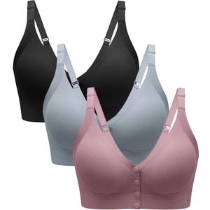 Angelhood Seamless Front Closure Bras for Women with Jelly Support, Wireless Supportive Mastectomy Bralettes Pack of 3 (Small, Black Mauve Blue)