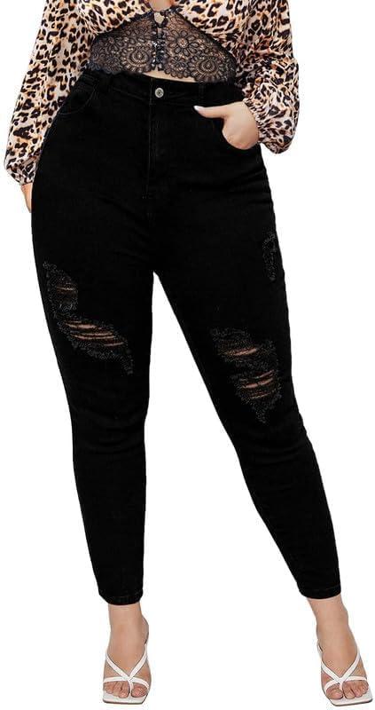 ALLABREVE Womens Plus Size Skinny Jeans Stretchy High Waisted Ankle Jean Ripped Slim Fit Washed Denim Distressed Tight Jean (4X-Large, Black 054)