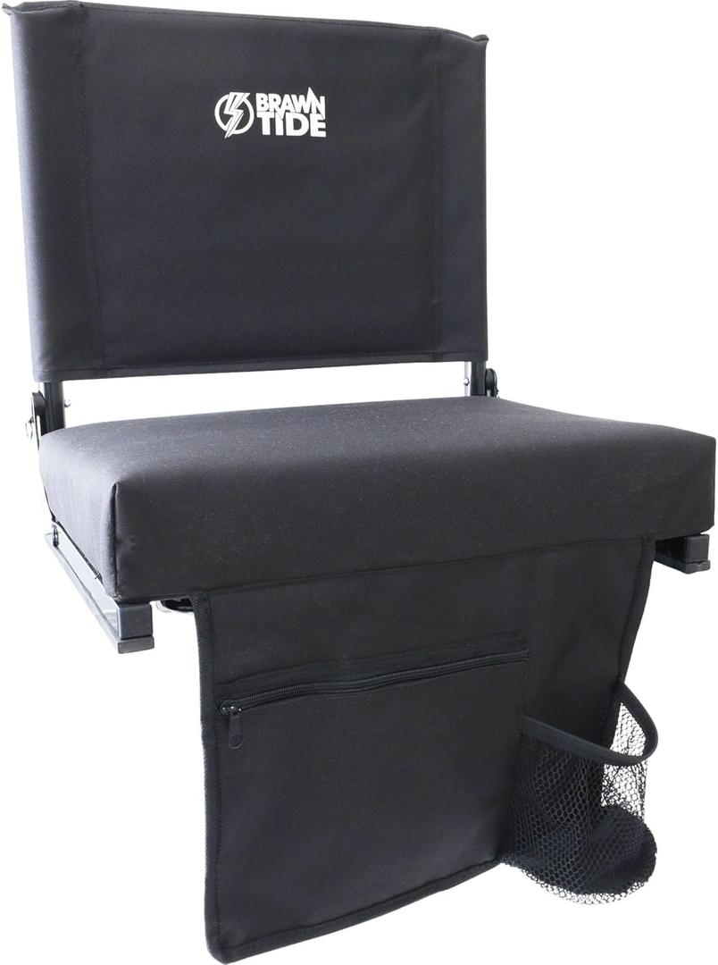 BRAWNTIDE Wide Stadium Seat - Extra Thick Cushion, Great Back Support, Lightweight Chair, Multiple Storage Pockets, Compact, Ideal for Sporting Events (Black)