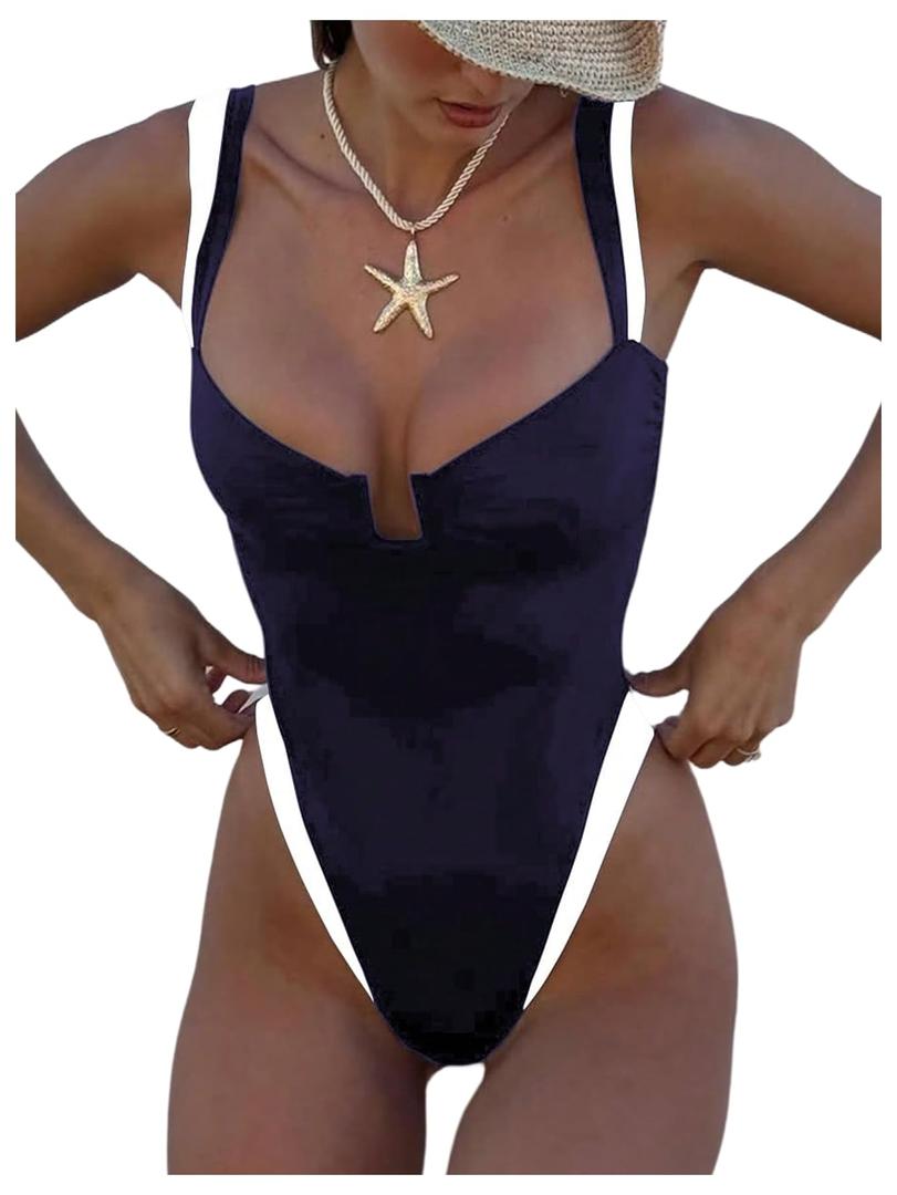 WDIRARA Women's Contrast Trim One Piece Swimsuit Spaghetti Strap High Cut Swimwear Deep Blue X-Large (Blue, XL)