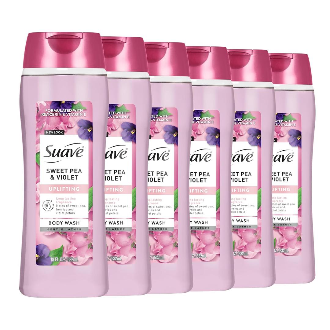 Suave Moisturizing Body Wash, with Sweet Pea Violet and Vitamin E Extract, No Parabens, No Phtahaltes, 18 Oz, Pack of 6