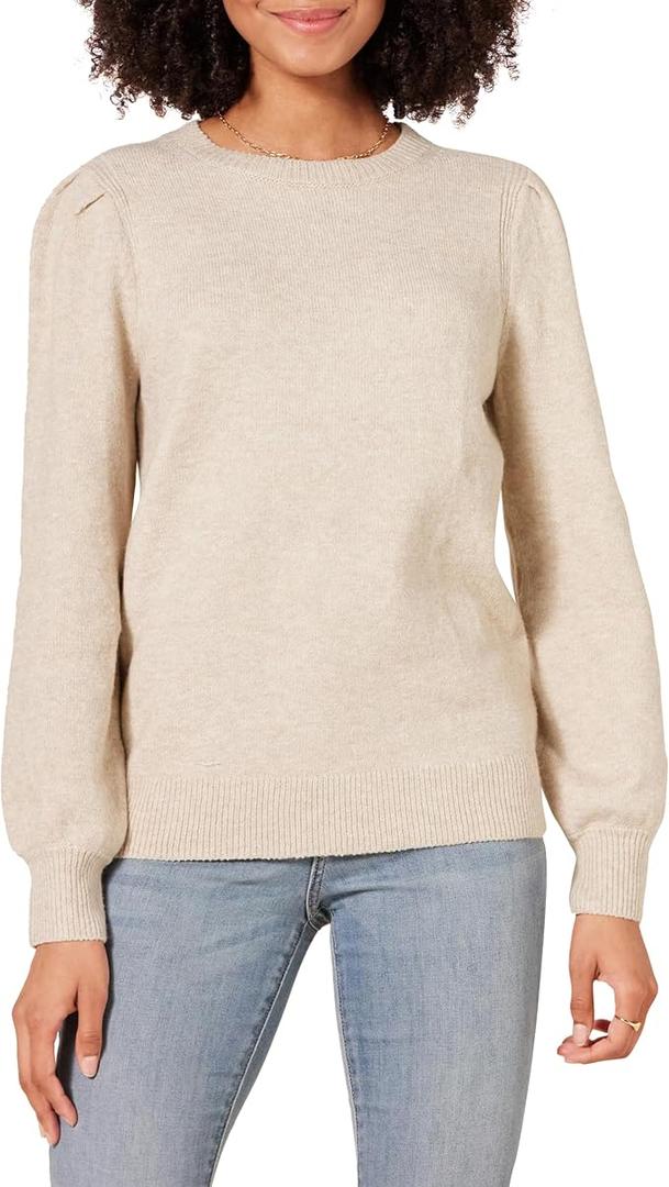 Amazon Essentials Women's Soft Touch Pleated Shoulder Crewneck Sweater (Medium, Beige)
