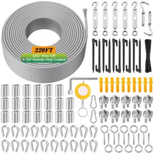 220 FT 1/8" Wire Rope Kit, 304 Stainless Steel Cable with M5 Turnbuckles for Cables Wire, Vinyl Coated String Lights Hanging Wires for Outdoor Camping, Trellis, Garden, Clothes line, Curtain, Festival