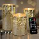 Rechargeable Flameless Candle, Flickering LED Pillar Glass Fake Candle with Remote and Timer, Built-in Battery Real Wax Electronic Candle for Room Decoration, Set of 3 (Snowflake Speckle, Gold)