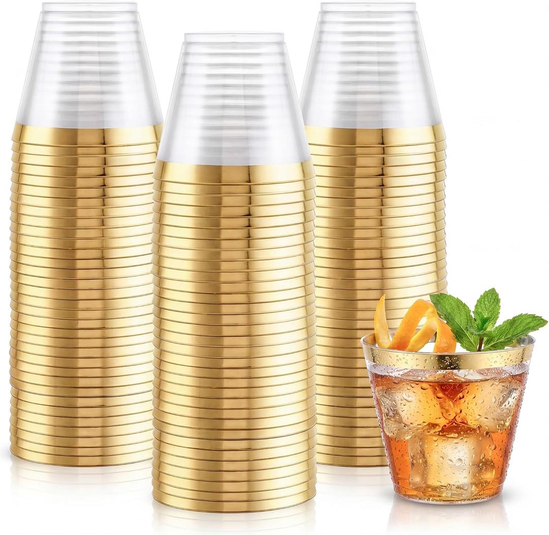 Hioasis 100Pcs 9OZ Clear Cups - Plastic Disposable Cups with Gold Trim, Heavy Duty & BPA-free for Party, Wedding, Reception, 9oz_200Pack