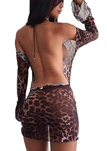 Cocoinsity Womens Party Dress Bodycon Long Sleeve Backless Slim Mini Clubwear Dresses Leopard S