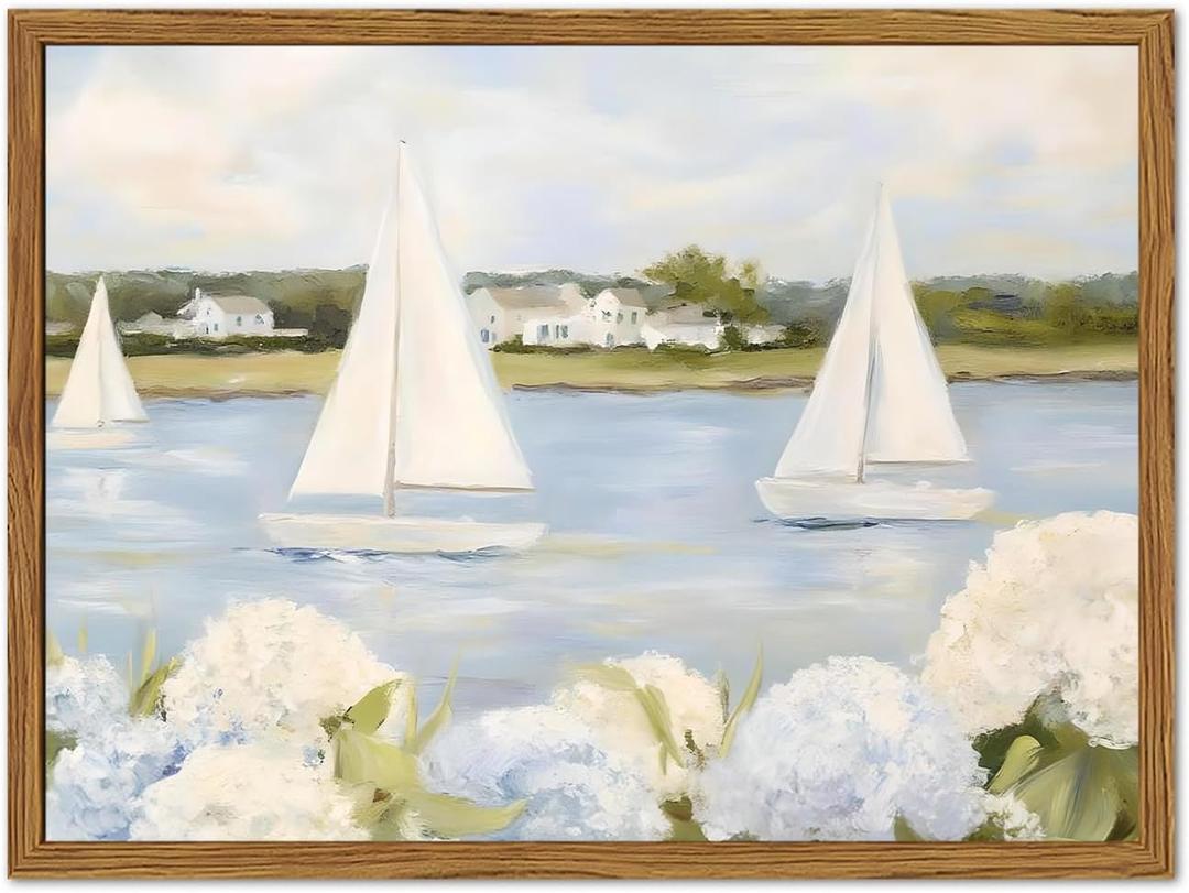 Framed Vintage Hydrangea Floral Wall Art, Blue Coastal Sailboat Pictures Wall Decor, Summer Nautical Landscape Paintings Canvas Prints Artwork for Home Living Room Bedroom 16x24 inch