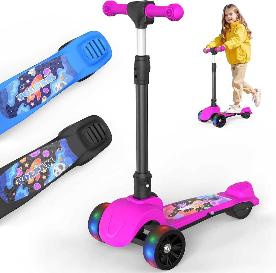VOLPAM C001 Electric Scooter for Kids, 80W Motor, Max Safe Speed 5MPH, 3 Adjustable Height, Lean-to-Steer, 3.5" Lighted Up Wheel, Foldable Scooter for Boys & Girls, Max Load 110lbs