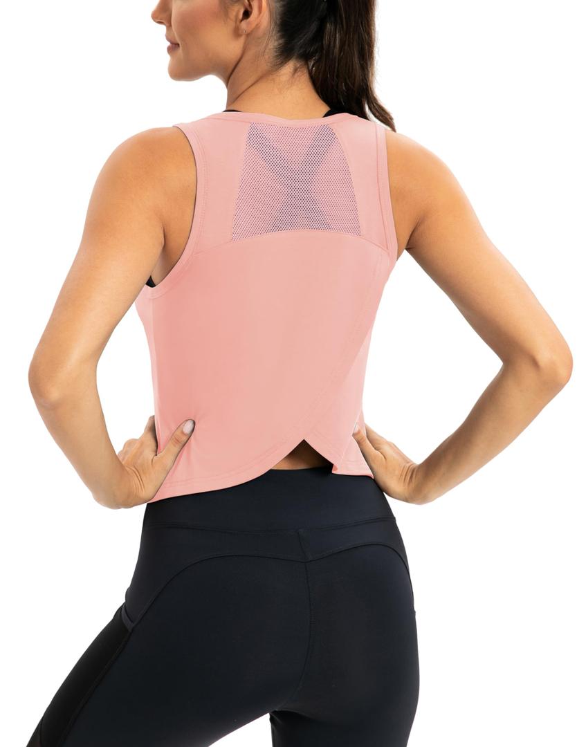 ICTIVE Workout Crop Tops for Women Yoga Cross Sleeveless Gym Mesh Back Running Tank Muscle Shirts Pink XL (Pink, XL)