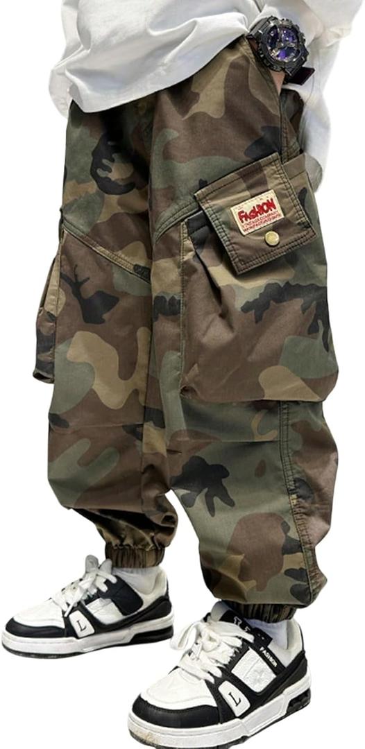 Floerns Boy's Camo Elastic Waist Baggy Cargo Pants Loose Jogger Trouser with Pockets (Green)