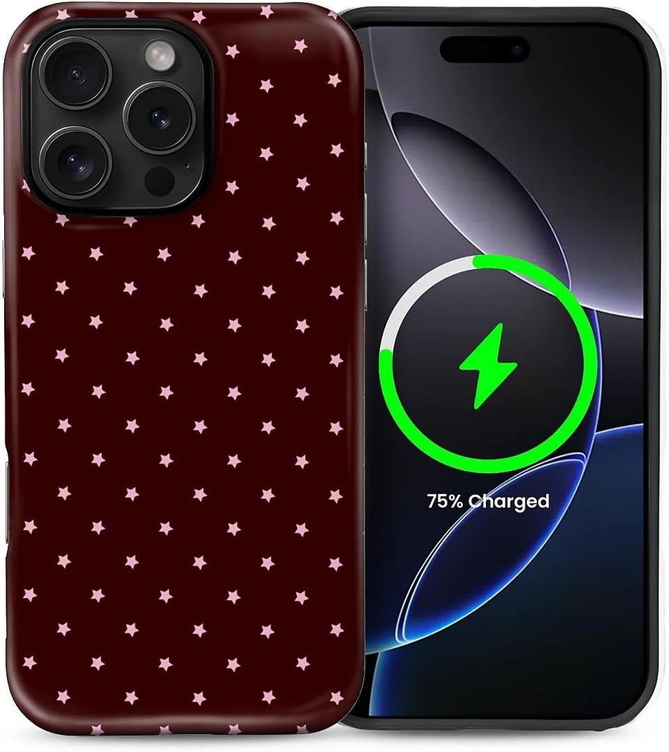 for iPhone 16 Pro Case for Women Girl Men Boy, Compatible with MagSafe, Shockproof Soft Silicone & Hard PC Shell Protective Case for iPhone 16 Pro - Mocha Cherry Polka Star