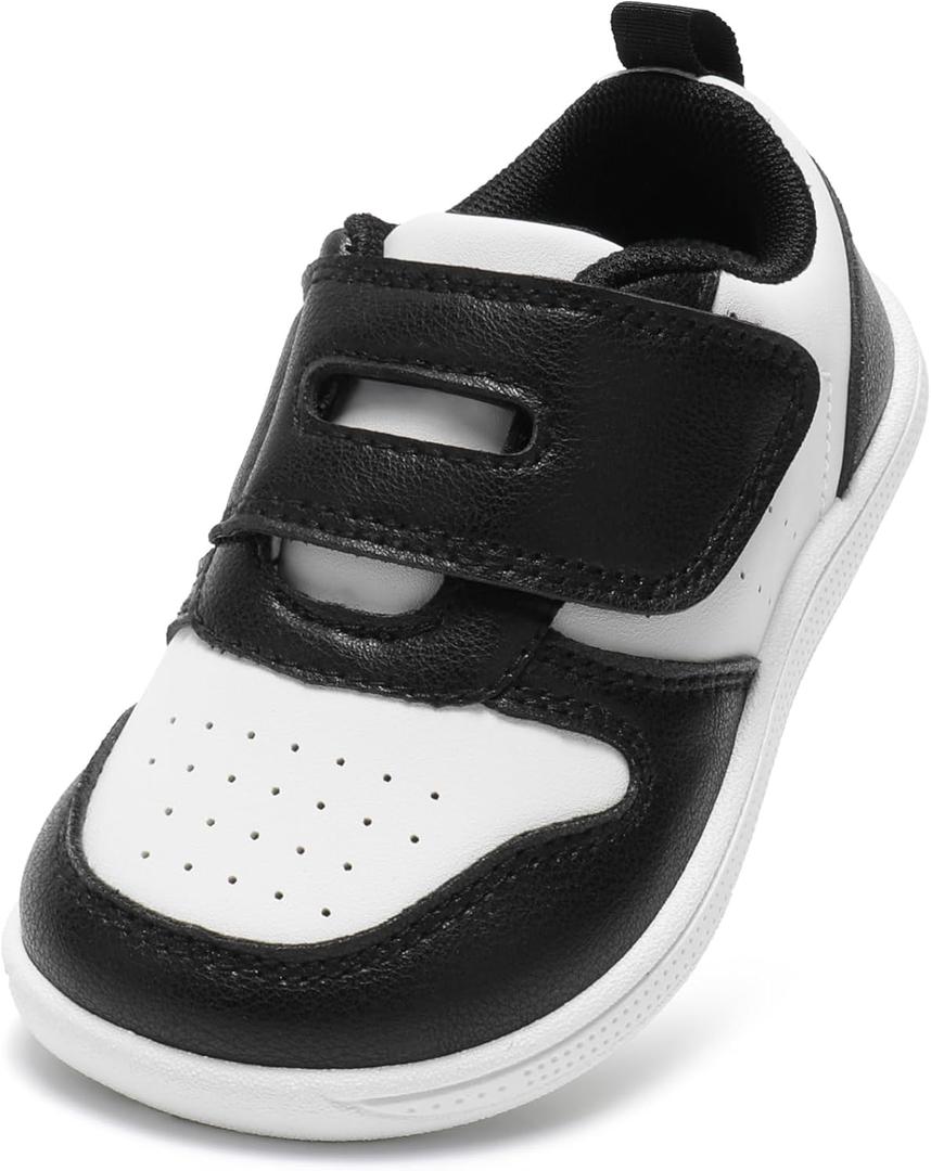 STQ KIDS Toddler Wide Toe Box Barefoot Shoes Boys Sneakers Zero Drop Kid Tennis Running Shoes Lightweight Non-Slip First Walking Shoe Outdoor Activities School Black White Toddler Size 7