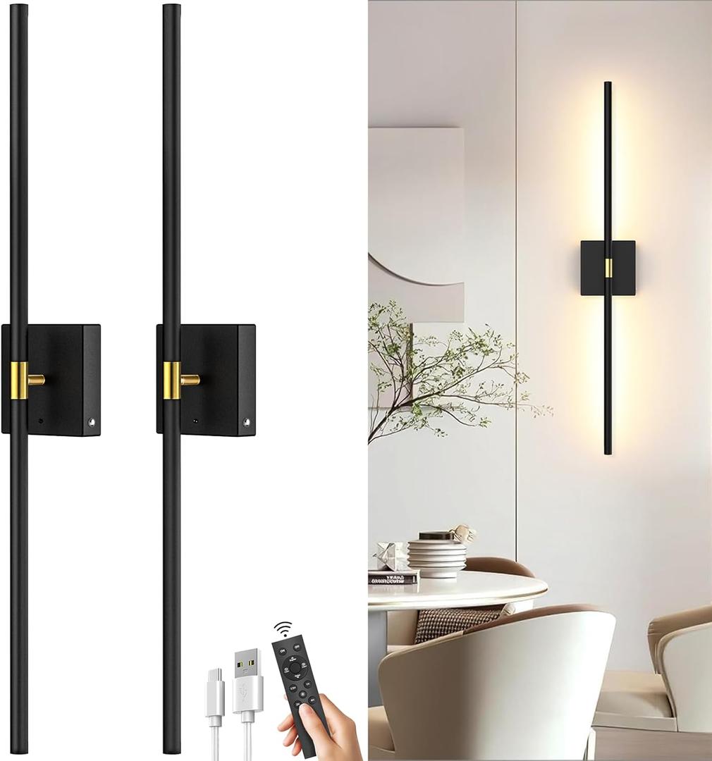 iThird Battery Operated Wall Sconce Set of 2: Rechargeable Wall Lights Wireless Sconces with Touch and Remote, 360 Rotate Magnetic Wall Scone Lighting Decor for Bedroom Living Room Hallway, 31.7Inch (Black)