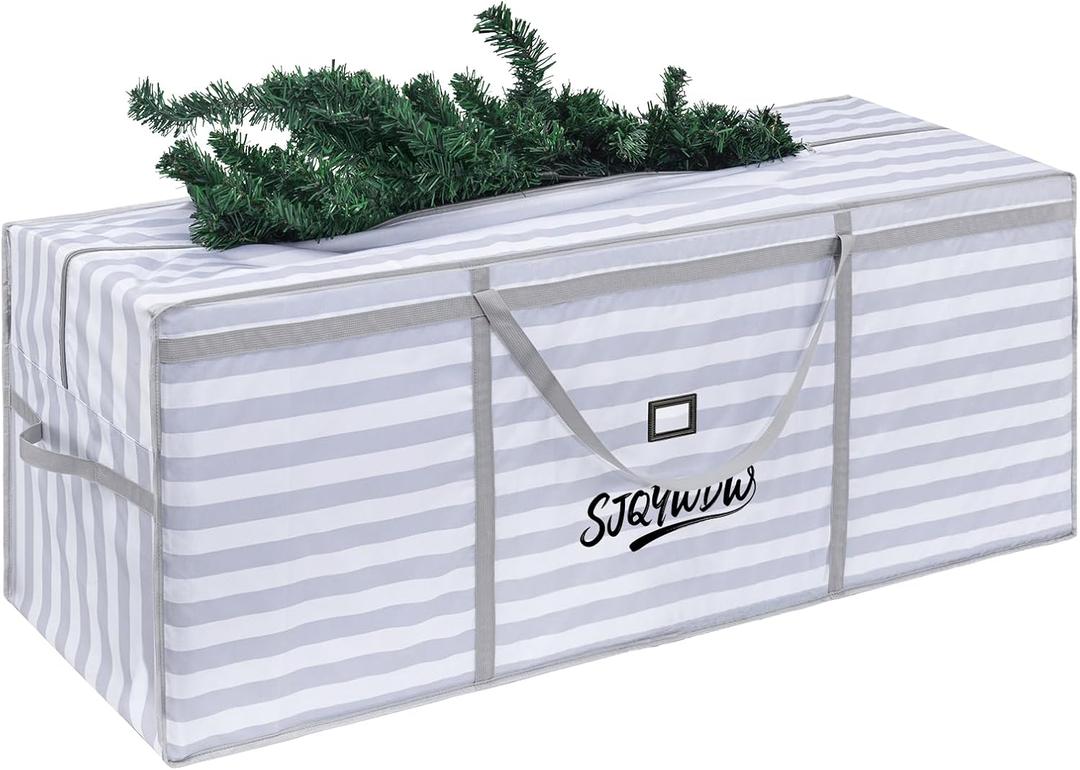 Christmas Tree Bag, 7.5 ft Christmas Tree Storage Bag, Reusable Heavy Duty 600D Oxford Cloth Bag, Built-in Double Mesh Pockets for Large Artificial Xmas Tree (501620in, Gray-White Stripes)