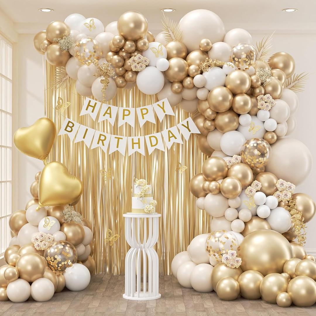 White and Gold Birthday Decorations for Women with Sand White Metallic Gold Confetti Foil Balloons Fringe Curtain Bannner for Golden Birthday Party Decorations for Women