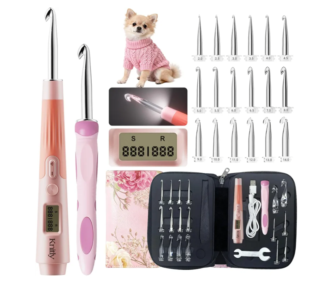 Knitly Light Up Crochet Hooks Set with Digital Counter,18 Size Counting Crochet Hook with 2.0–14.0 mm Interchangeable Hooks,Ergonomic Crochet Kit&Gift for Arthritic Hands, Missing part