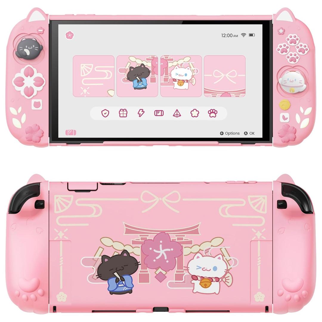 PlayVital Cherry Blossoms Kitten Protective Case for Nintendo Switch 2 with Stand | Cute Cat Ear & Paw Silicone Grips, Dockable Hard Shell, 2 Joystick Caps | Full-Body Protection Cover, Pink