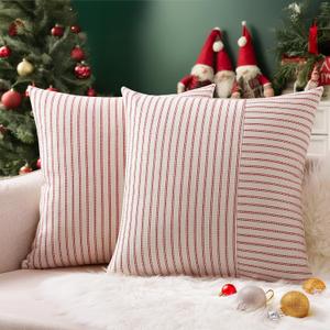 YCOLL Christmas Pillow Covers 22x22, Modern Accent Lumbar Throw Pillow Covers Set of 2, Red and Beige Striped Patchwork Linen Decorative Pillows Cushion Covers Christmas Decorations