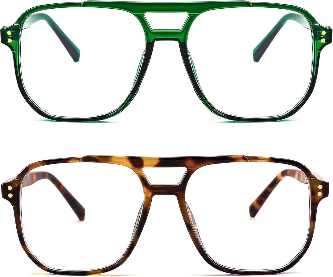 FEISEDY 2Pack Blue Light Blocking Glasses Fake Nerd Clear Square Computer Lightweight Pilot Glasses Frame Oversized B2866