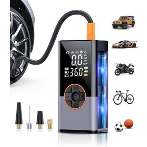 KUXISA Tire Inflator Portable Air Compressor, 150 PSI Air Pump with Digital Pressure Gauge, LED Light and Auto Shut-Off Function, Cordless Air Compressor for Car, Motorcycle, Bicycle, Ball (Dark Grey)