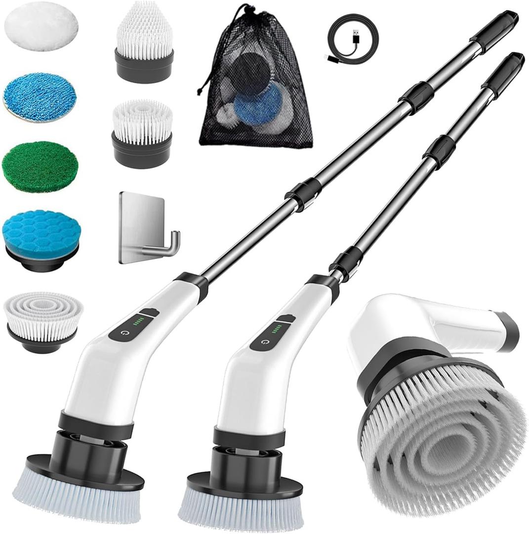 Electric Spin Scrubber, Cordless Cleaning Brush, Rechargeable Scrub Brush with 7 Replaceable Brush Heads, Adjustable Long Handle Power Scrubber for Bathroom Tile Bathtub Glass (White 50)