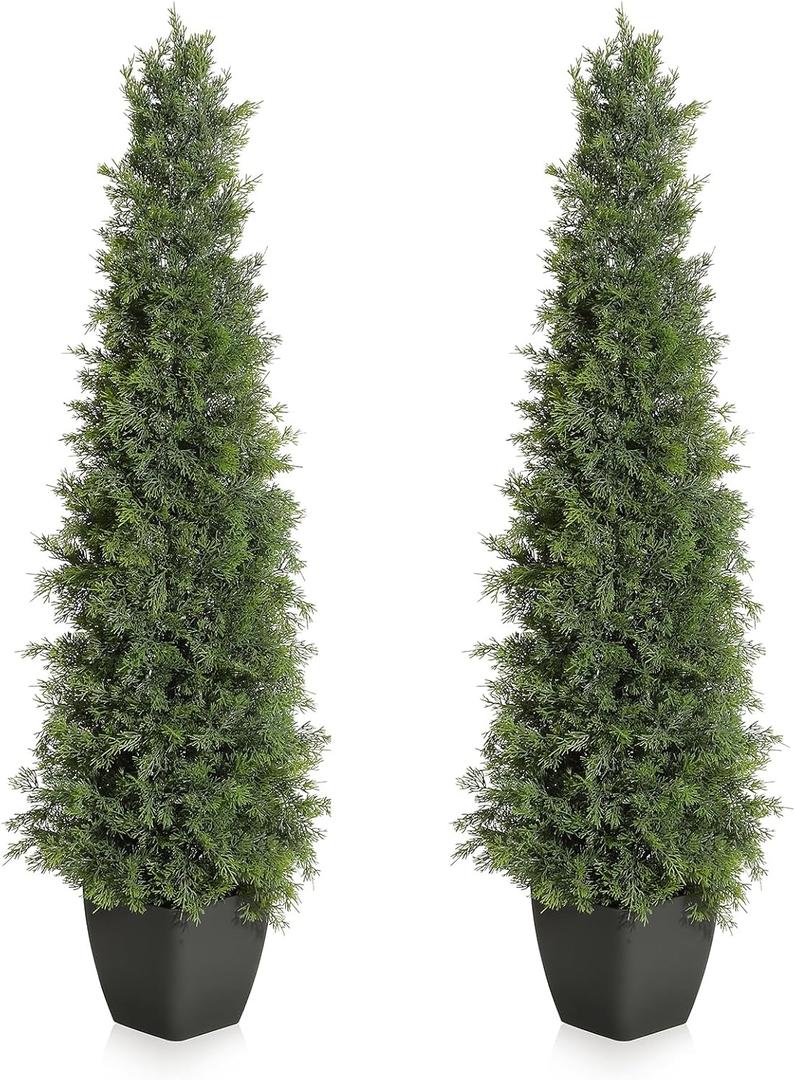 GarveeHome Artificial Cedar Topiary Tree for Outdoor,48 in Tall Faux Cedar Trees,Potted Fake Cypress Plant, Artificial Plants Indoor Outdoor for Front Porch Decor, Set of 2 (4ft, Green)