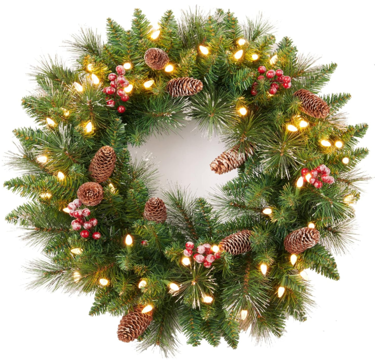 Amaoasis Pre-Lit Christmas Wreath, Decorated Frosted Berries, Pinecones, 50 LED Lights with Timer, Battery Operated, Holiday Decoration for Front Door, Outdoor 24 Inch