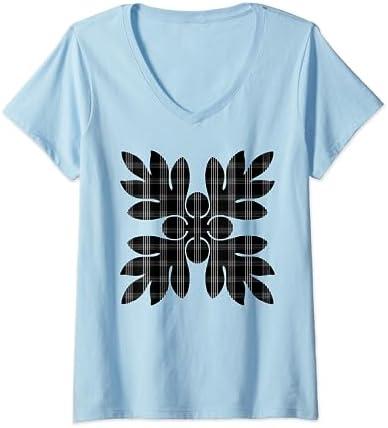 Womens Black Palaka Ulu V-Neck T-Shirt size S