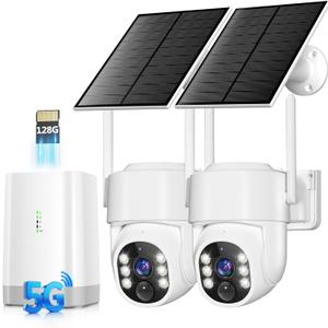 4MP Security Cameras Wireless Outdoor 5G & 2.4G, No Subscription Fee, 2 Cam-Kit,Solar Camera Outdoor Wireless With 360 PTZ,128GB Storage,Color Night Vision,Ai Detection WiFi Cameras for Home Security