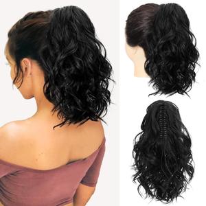 SEIKEA 10" Highlight Ponytail Extension Claw Short Thick Wavy Curly Jaw Clip in Fake Pony Tails Fake Hair Soft Natural Looking Synthetic Hairpiece for Women Black