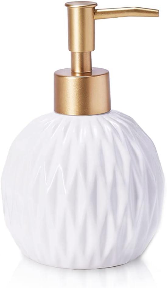 Ceramics Gold Soap Dispenser for Bathroom, Round Soap Dispenser with Delicate Embossed Rhombus Design (White)