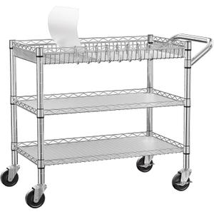 NTE Utility Cart with Wheels, 990lbs Capacity Metal 3 Tier Rolling Carts, NSF Kitchen Carts On Wheels with Storage, Heavy Duty Utility Cart with Handle & Wire Shelf for Indoor & Outdoor Use, Silver