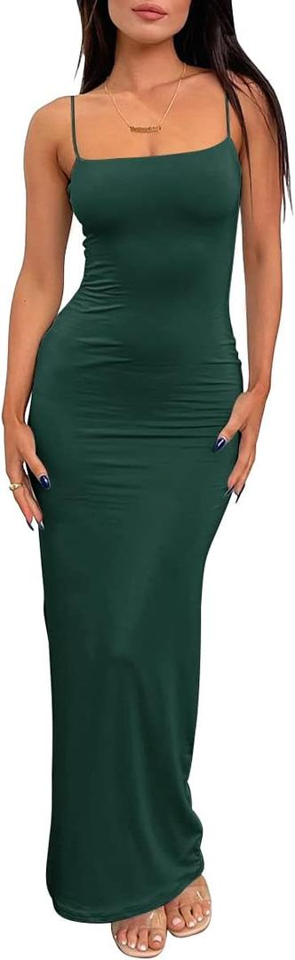 LILLUSORY Womens Summer Casual Slip Dresses Spaghetti Strap Double Lined Bodycon Maxi Dress (Small, Emeraldgreen)