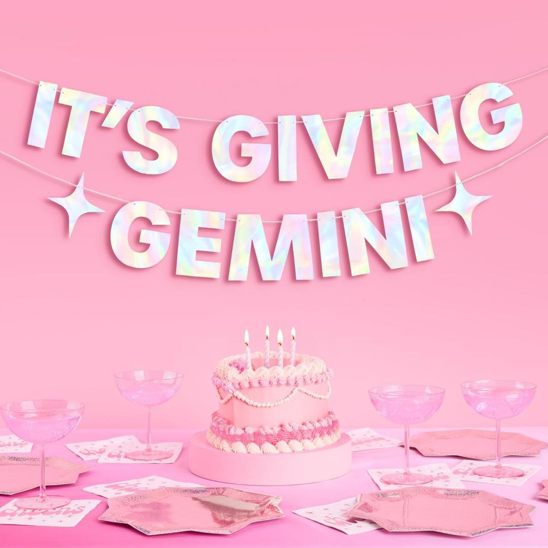 xo, Fetti It's Giving Gemini Banner - Iridescent Foil | 4 Ft. | Zodiac Birthday Sign, Horoscope Bachelorette Party Background, Astrology Bday Decorations