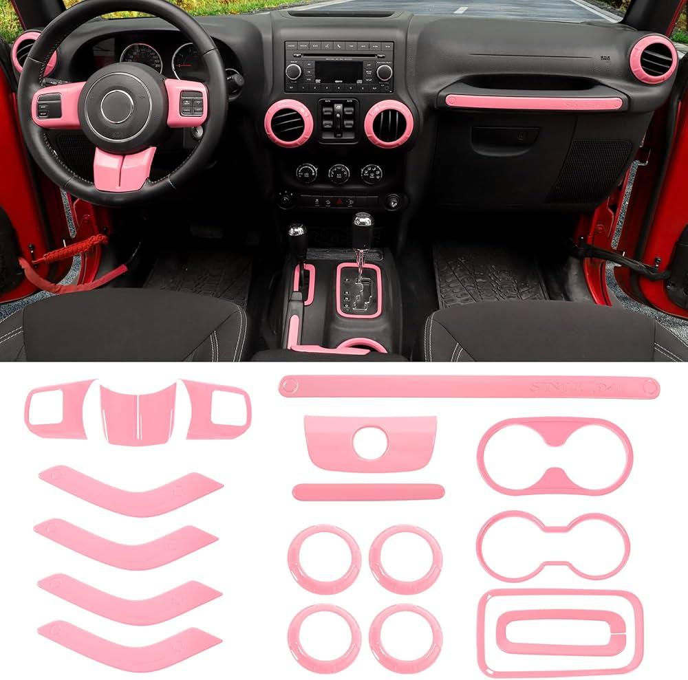 SQQP 18PCS Full Set Interior Trim Kit for Jeep Wrangler JK JKU 20112018 4 Door,Center Console Door Handle Side Outlet Cup Holder Gear Cover Trim (Pink)